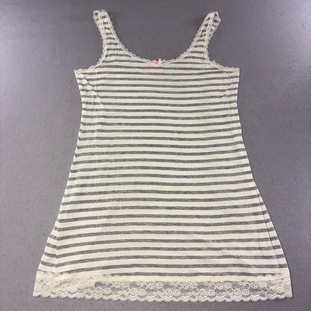 276 y2k Long Camisole Womens Large Grey White Striped Lace Trim Bow Accent